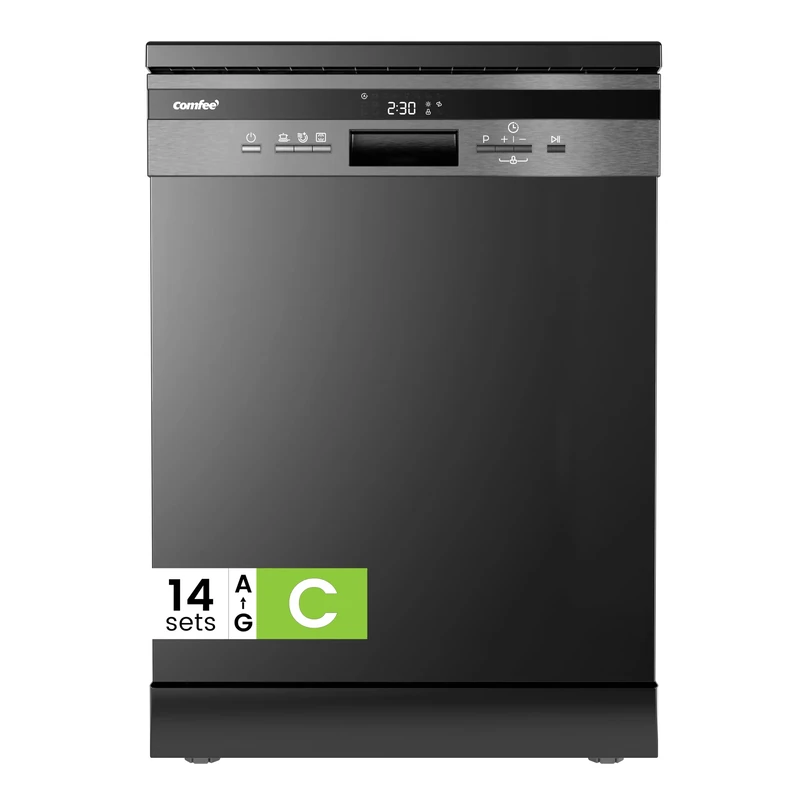 COMFEE' Freestanding Dishwasher with 14 Place Settings, 44dB Quiet Full Size Dishwashers, CDWEF1435EBC-UK, ECO Wash, Auto Open Drying, Half Load, Delay Start, Wide LED Display, Black