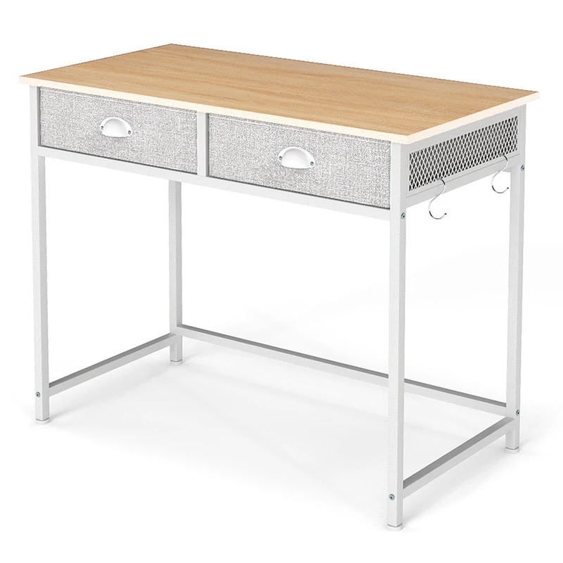 CASART Computer Desk with 2 Drawer, 90 x 45cm Home Office Desk with Metal Frame, Wooden Writing Desk Compact Study Table for Small Spaces (Natural + White)