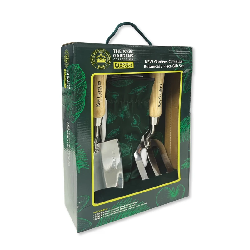 Spear & Jackson 3055KEW Kew Gardens Collection Botanical Hand Tool & Gloves Gift Set - Stainless Steel Hand Trowel & Weed Fork with FSC® Wooden Handles + Patterned Leather-Palm Gardening Gloves - Image 1