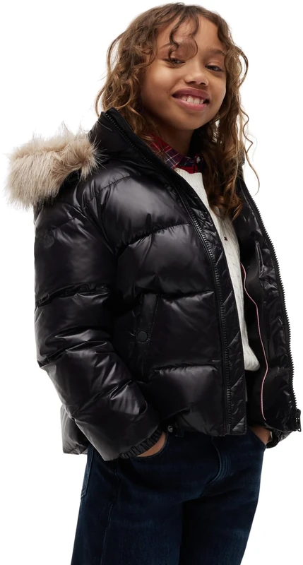 Tommy Hilfiger Girls Essential Down Jacket KG0KG09673 Puffer Jacket, BLACK, 4 Years