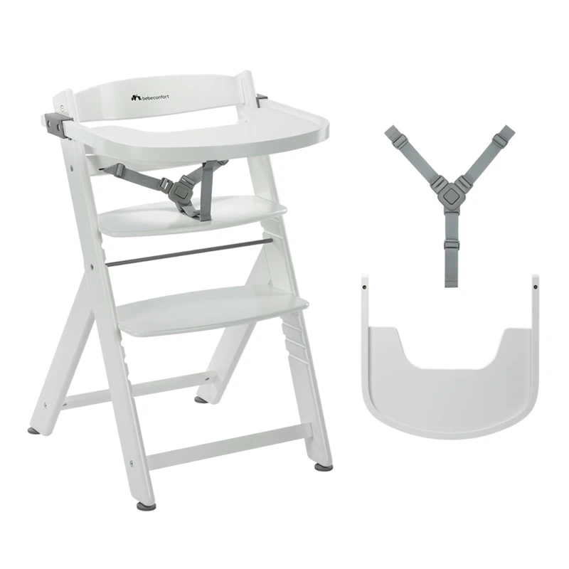 Bebeconfort Timba 2 Evolutive Wooden Highchair, 6+ Months, Up to 110 kg, Ergonomic Baby High Chair, Fits Most Dining Tables, Removable Tray, Adjustable Seat & Footrest, White