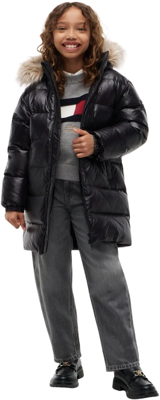 Tommy Hilfiger Girls Essential Long Down Jacket KG0KG09674 Puffer Jacket, BLACK, 16 Years