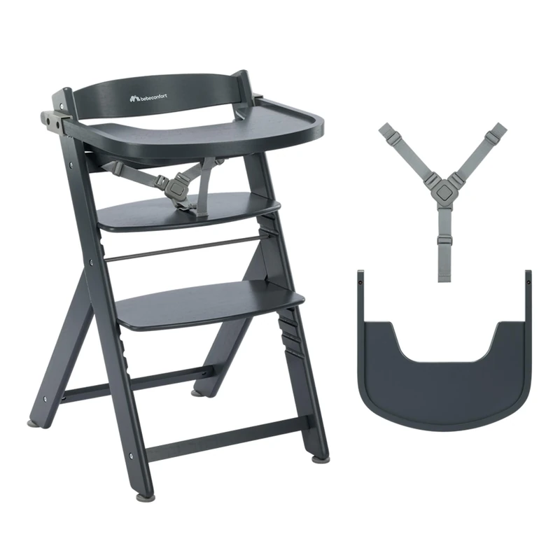 Bebeconfort Timba 2 Evolutive Wooden Highchair, 6+ Months, Up to 110 kg, Ergonomic Baby High Chair, Fits Most Dining Tables, Removable Tray, Adjustable Seat & Footrest, Warm Grey