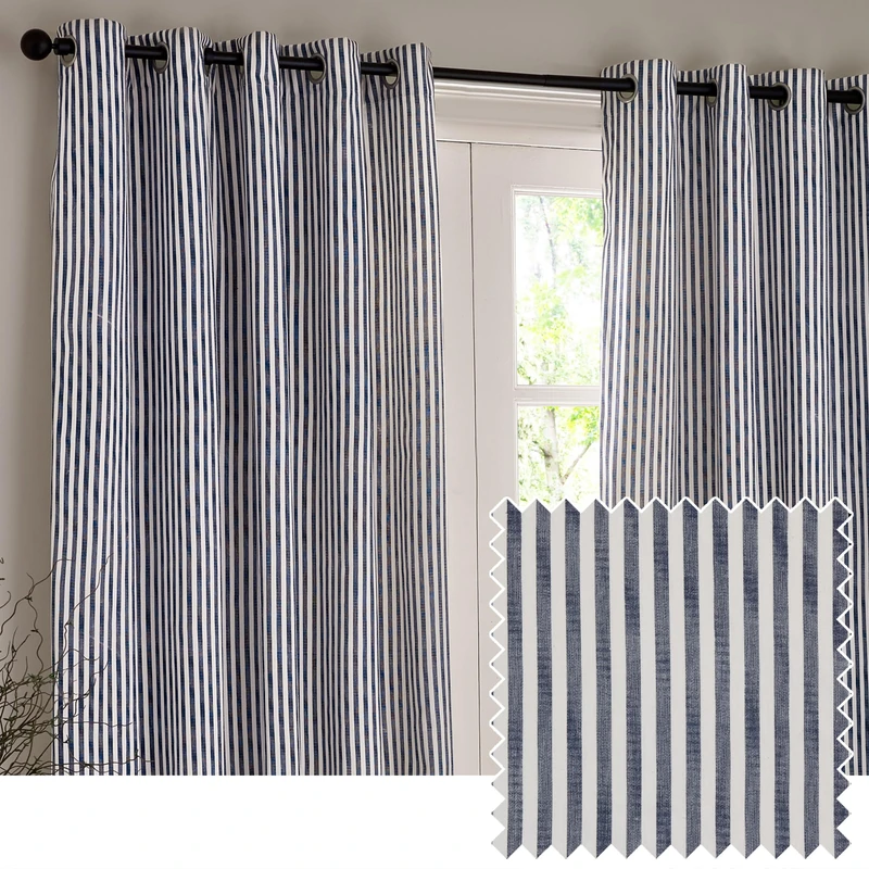 furn. Yard Hebden Blackout Eyelet Curtain Pair – Ultra Soft Cotton Lined Striped Curtains (Navy - 229x183cm)