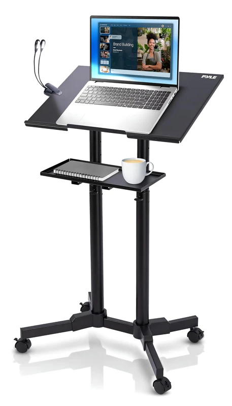 Pyle Lectern Stand Podium Mobile Adjustable Laptop Lectern for Church, Classroom & Presentation Use with Lockable Wheels, Tilting Desk & Dual Shelves - Image 1