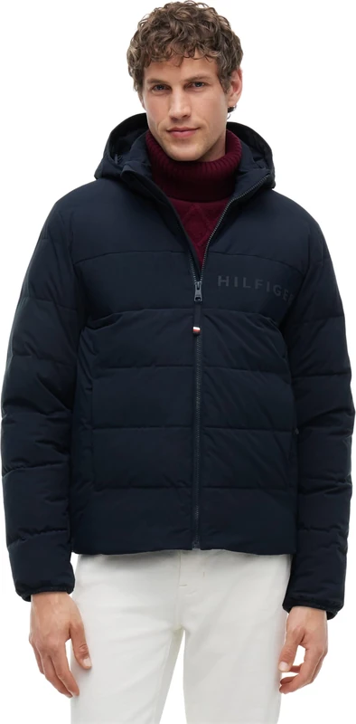 Tommy Hilfiger Men's, Detachable Hooded Branded Puffer MW0MW45273, Puffer Jacket, Navy Blue, L