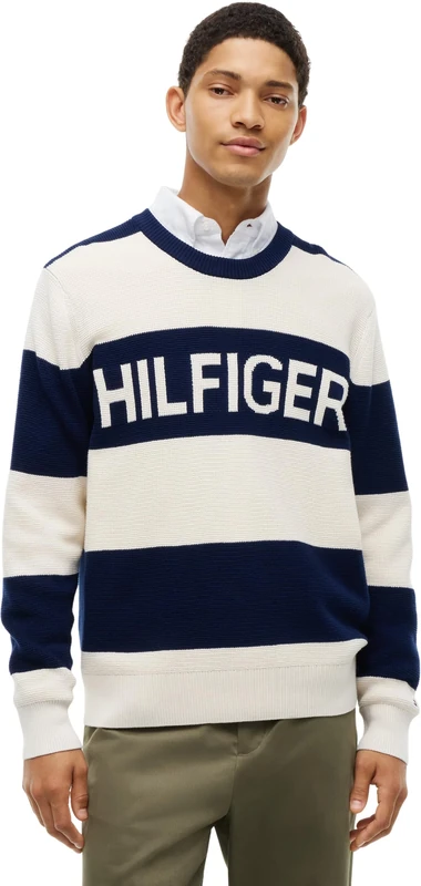 Tommy Hilfiger Men's, Waffle Cotton Graphic Crew Neck MW0MW44771, Pullover Sweater, Carbon Navy/Ivory Petal, M