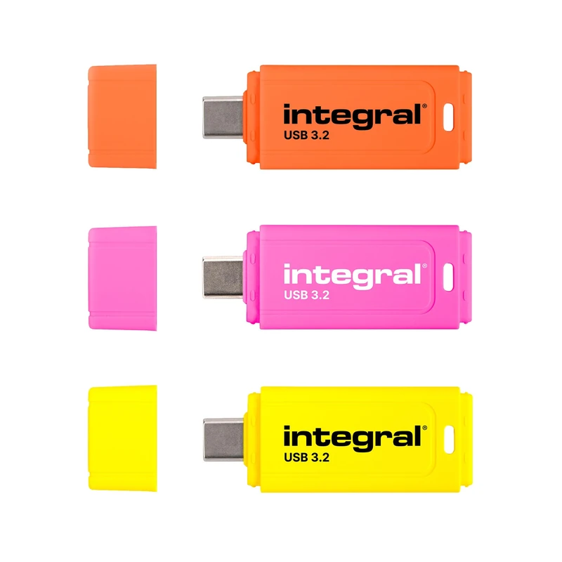 Integral 3 Pack Neon-C 64GB USB 3.2 Gen 1 Flash Drive – High-Speed Type-C/USB 3.1/3.0, NEON Yellow/Orange/Pink, Read 150MB/s, Write 30MB/s, Plug-and-Play, Portable Storage for PC, Mac, Laptop