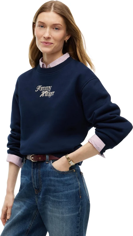 Tommy Hilfiger Women's, Script Regular C-Nk Swt WW0WW51598, Pullover Sweatshirt, Dark Blue, L