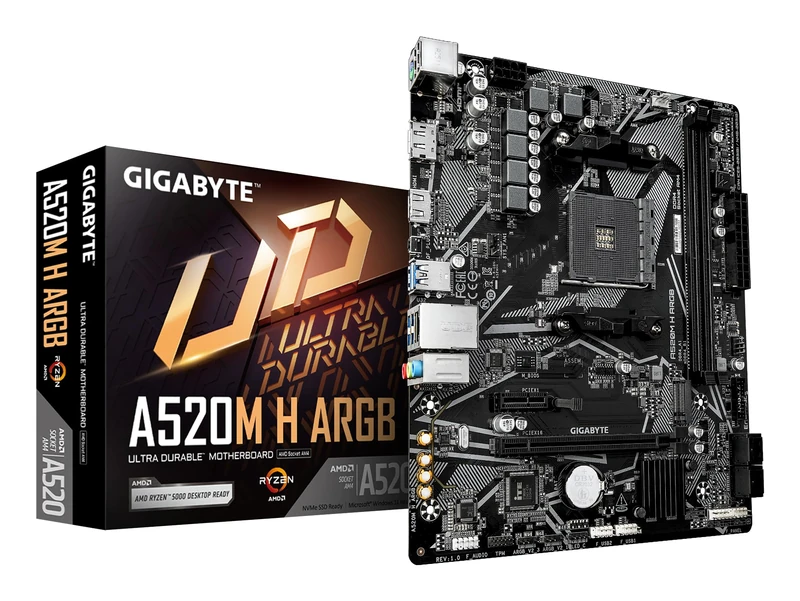 GIGABYTE A520M H ARGB Motherboard - Supports AMD Ryzen 5000 Series CPUs, up to 5100MHz DDR4 (OC), PCIe 3.0 x4 M.2, 1 GbE LAN, USB 3.2 Gen 1