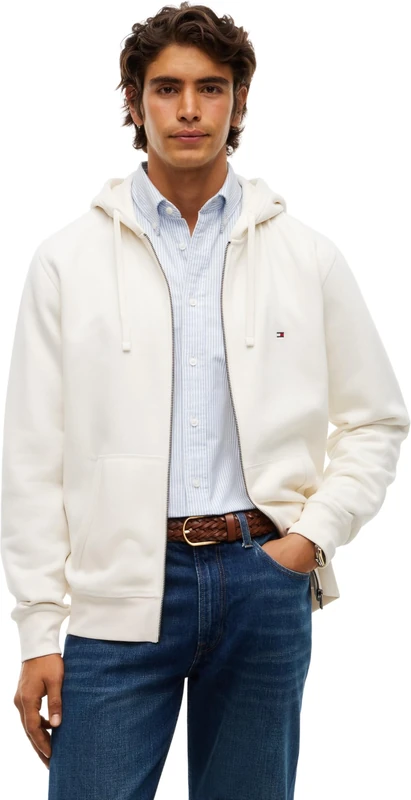Tommy Hilfiger Men's, Essential Fleece Hooded Reg Zt MW0MW44931, Zip Through Hoodie, Ivory Petal, XL