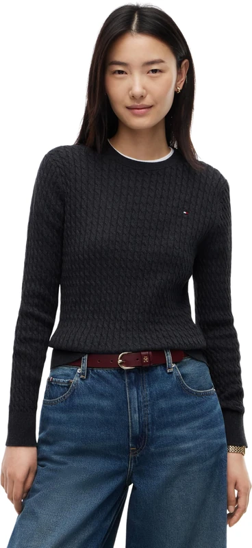 Tommy Hilfiger Women's, Co Cable C-Nk Ls Sweater Ww0Ww44993, Pullover Sweater, Dark Grey Heather, L
