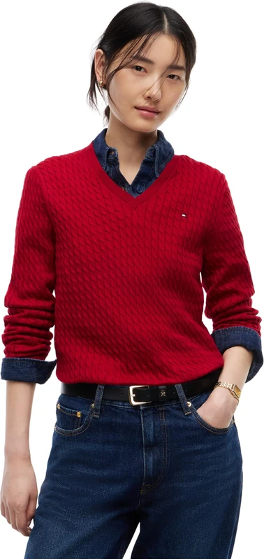 Tommy Hilfiger Women's Jumper Cable Fine with V-Neck, Red (Raspberry Juice), L
