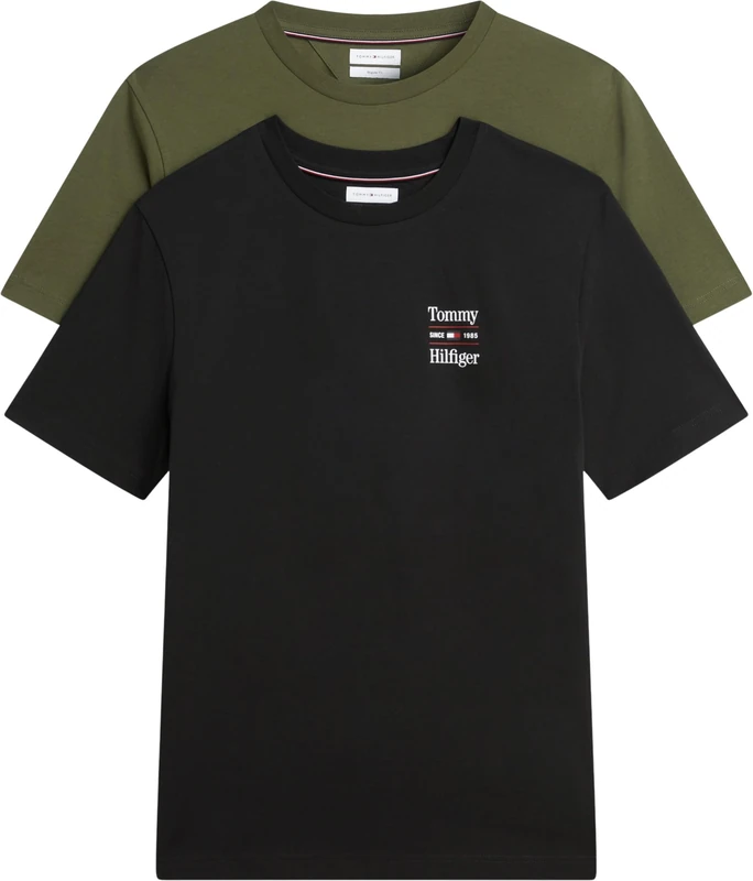 Tommy Hilfiger Men's, 2 Pack Chest Graphic Reg Tees Mw0Mw45091, S/S T-Shirt, Black/Huntsman Green, XS