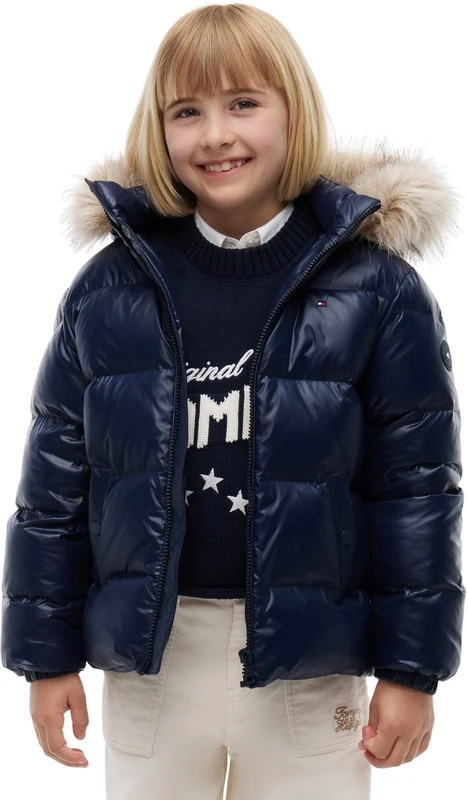 Tommy Hilfiger Girls Essential Down Jacket KG0KG09673 Puffer Jacket, BLUE, 12 Month