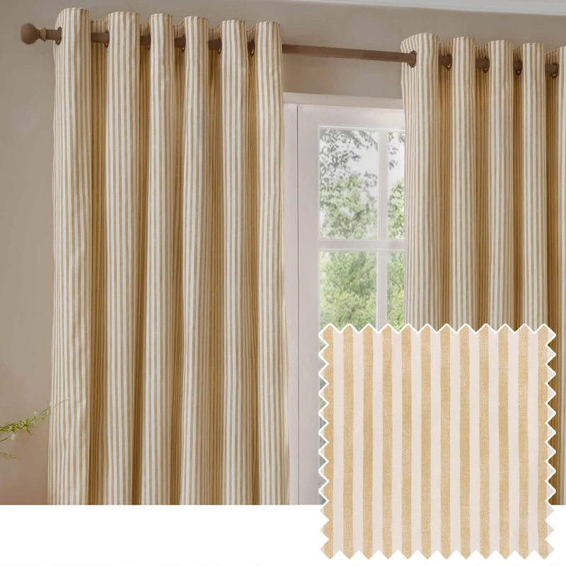 Yard furn Hebden Eyelet Curtain Pair – Ultra Soft Cotton Lined Striped Curtains (Honey Yellow - 168x183cm) - Image 1