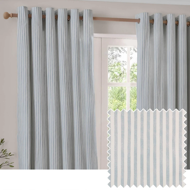 Yard furn Hebden Blackout Eyelet Curtain Pair – Ultra Soft Cotton Lined Striped Curtains (Mineral Blue - 168x137cm)