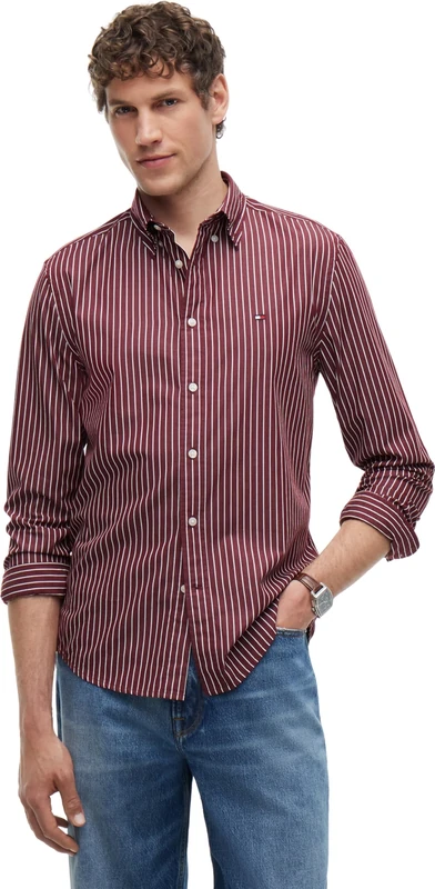 Tommy Hilfiger Men's, Flex Hairline Poplin Rf Shirt MW0MW44571, L/S Shirt, Deep Rouge/Stripe, S - Image 1