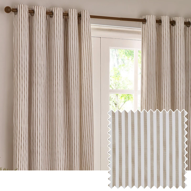 furn. Yard Hebden Blackout Eyelet Curtain Pair – Ultra Soft Cotton Lined Striped Curtains (Natural - 168x229cm)