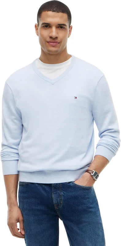 Tommy Hilfiger Men's, Essential Cotton V Neck Mw0Mw14745, Pullover Sweater, Sky Blue Heather, XXL