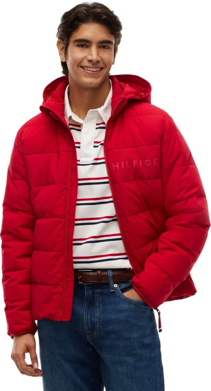 Tommy Hilfiger Men's, Detachable Hooded Branded Puffer MW0MW45273, Puffer Jacket, Medium Red, M