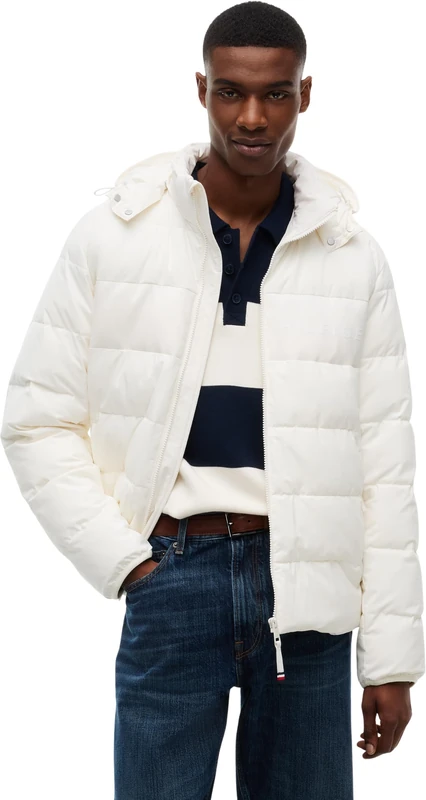Tommy Hilfiger Men's, Detachable Hooded Branded Puffer MW0MW45273, Puffer Jacket, Ivory Silk, M
