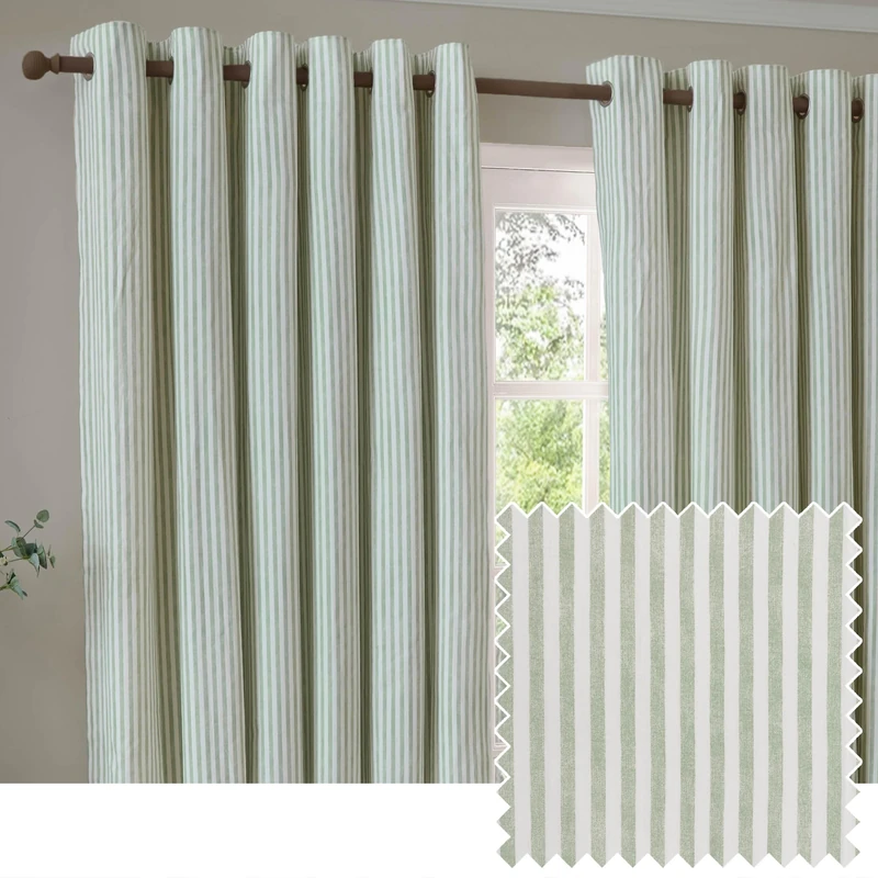 furn. Yard Hebden Eyelet Curtain Pair – Ultra Soft Cotton Lined Striped Curtains (Eucalyptus - 168x229cm)