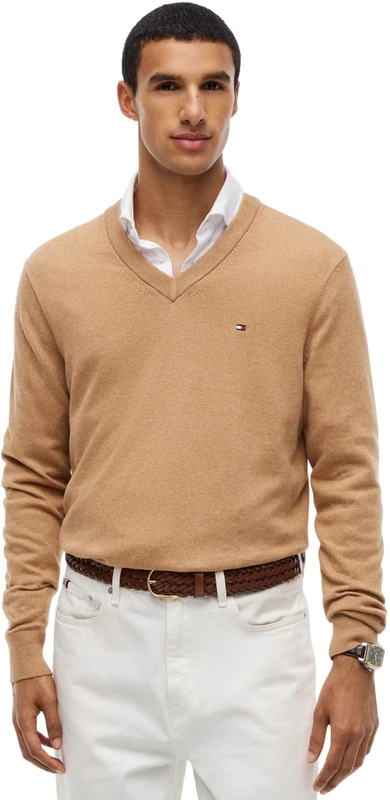Tommy Hilfiger Men's, Pima Org Ctn Cashmere V Neck Mw0Mw28047, Pullover Sweater, Safari Canvas Heather, L