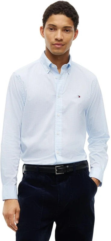 Tommy Hilfiger Men's, Flex Poplin Gingham Rf Shirt MW0MW44569, L/S Shirt, Sweet Blue/Check, XL