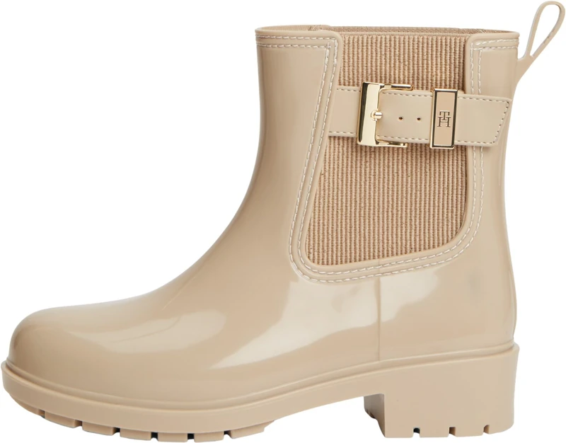 Tommy Hilfiger Women Th Buckle Glossy Ankle Rain Boot FW0FW09543 Rainboots, BEIGE (Horseradish), 5