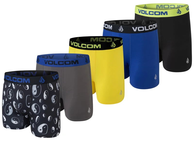 Volcom Mens Boxer Briefs 5 Pack Poly Spandex Performance Boxer Briefs Underwear, Black/Grey/Yellow/Blue/Black, M