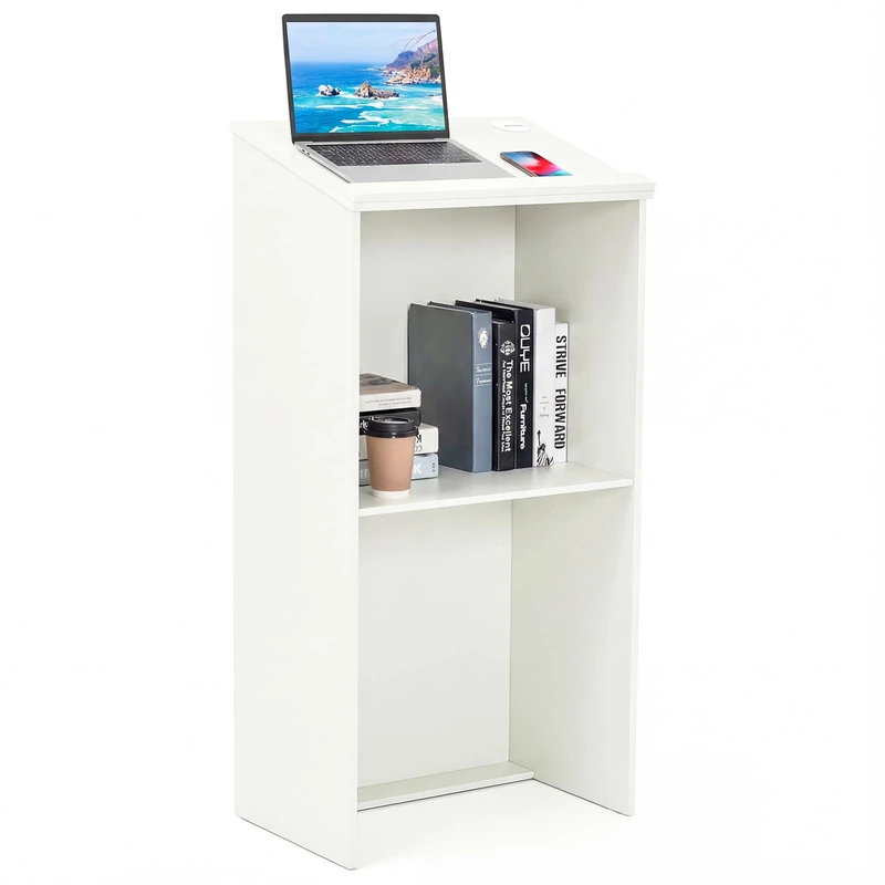 CASART Lectern Podium Stand, 117cm Hostess Stand Floor Standing Lectern with Tilting Desktop & Edge Stopper, Wooden Presentation Stand for Classroom Office Church Concert