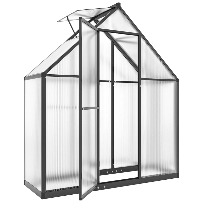Outsunny 5.5 x 2ft Polycarbonate Greenhouse with Swing Door and Adjustable Window, Walk-in Greenhouse Aluminium Garden Green House for Patio Garden Backyard, Black