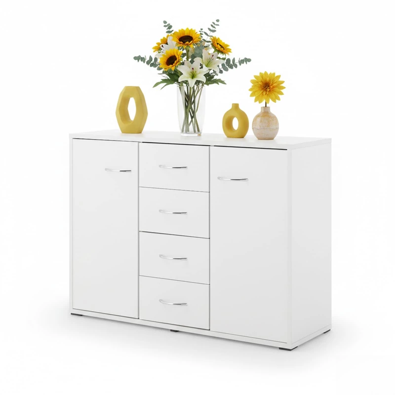 Sweetcrispy Chest of Drawers, White Sideboard with 4 Drawers & 2 Doors, 88 × 30 × 64 cm, Lots of Storage Space for Living Room, Hallway & Bedroom, Modern Chest of Drawers - Image 1