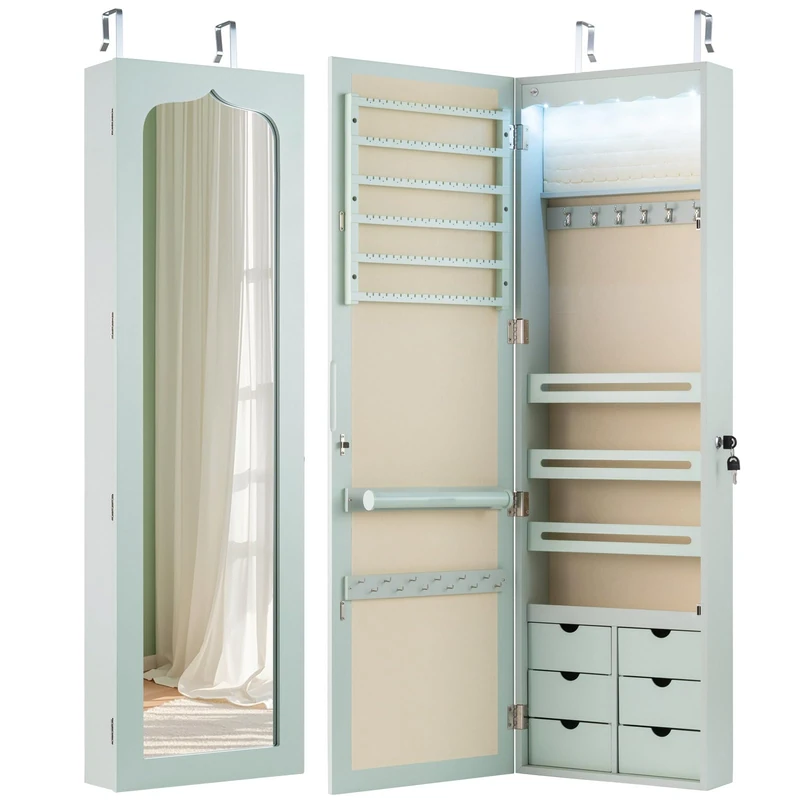 CASART Wall & Door Mounted Jewellery Cabinet, 5 LED Lighted Lockable Jewelry Armoire with Full-Length Mirror, Adjustable Hanging Storage Makeup Box Jewelry Organizer (Green, 6 Wooden Drawers) - Image 1