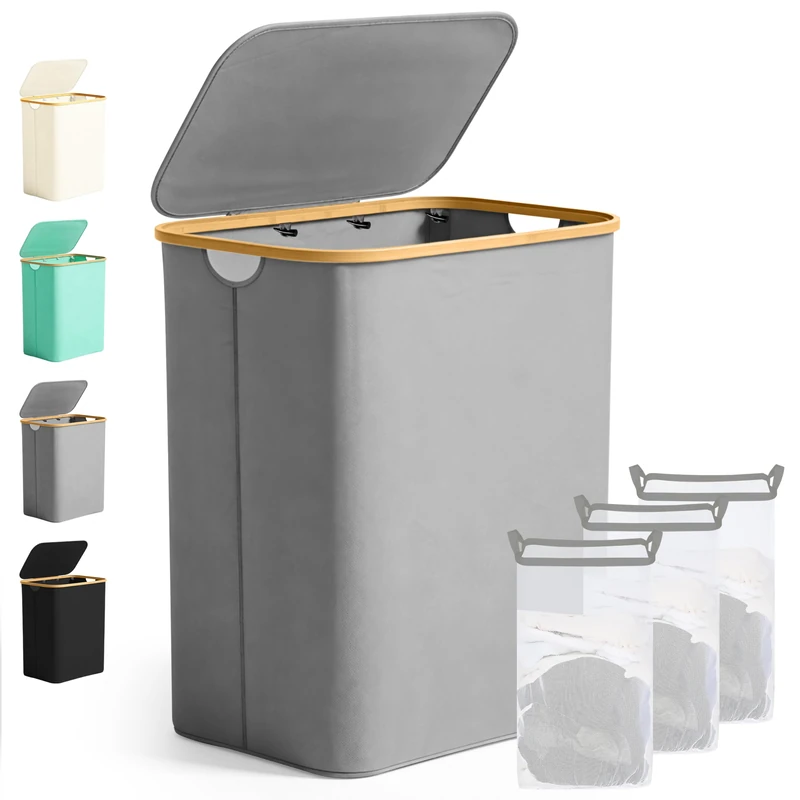 Ribelli Large Laundry Basket, 141 Litres, Foldable Laundry Hamper, 3 Compartments with Lid and Removable Laundry Bag, Laundry Bin for Laundry Room, Bathroom, Bedroom, Grey