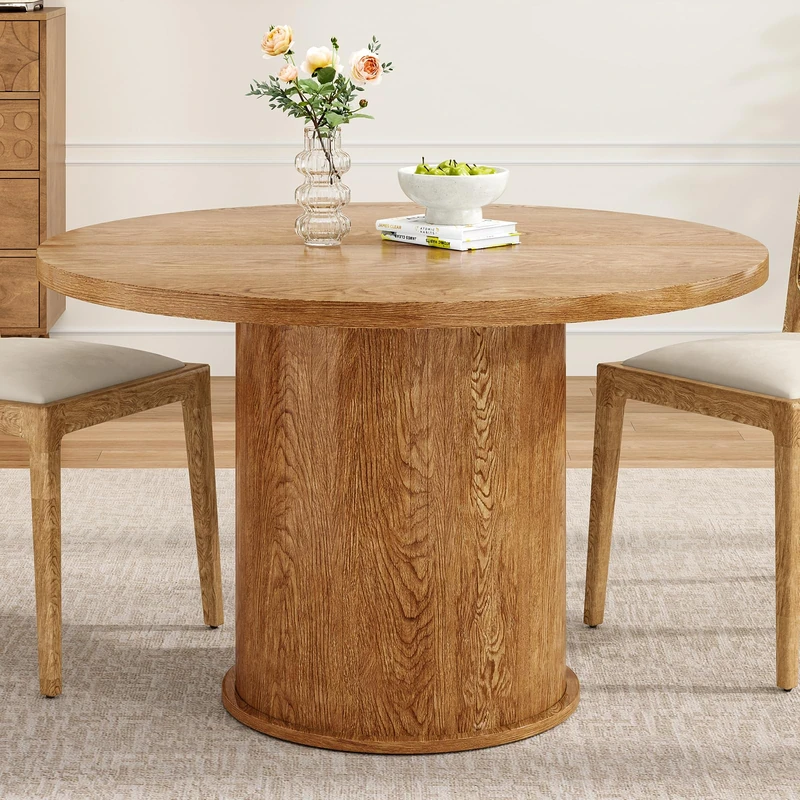 Farini Round Dining Table 110cm, Wooden Kitchen Table for 4-6 People, Modern Circle Pedestal Table with 3cm Thick Waterproof & Scratch-Resistant Top for Living Room, Walnut