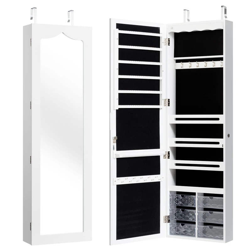 CASART Wall & Door Mounted Jewellery Cabinet, 5 LED Lighted Lockable Jewelry Armoire with Full-Length Mirror, Adjustable Hanging Storage Makeup Box Jewelry Organizer (White, 6 Acrylic Drawers)