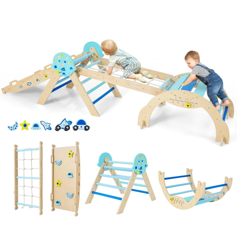 FANTASK Wooden Climbing Frame, Set of 4, Folding Climbing Triangle with Slide, Arch, Net & Double-Sided Ramp, Includes Building Blocks & 2 Cars, Universe Rung Triangle for Children from 1 Year (Blue