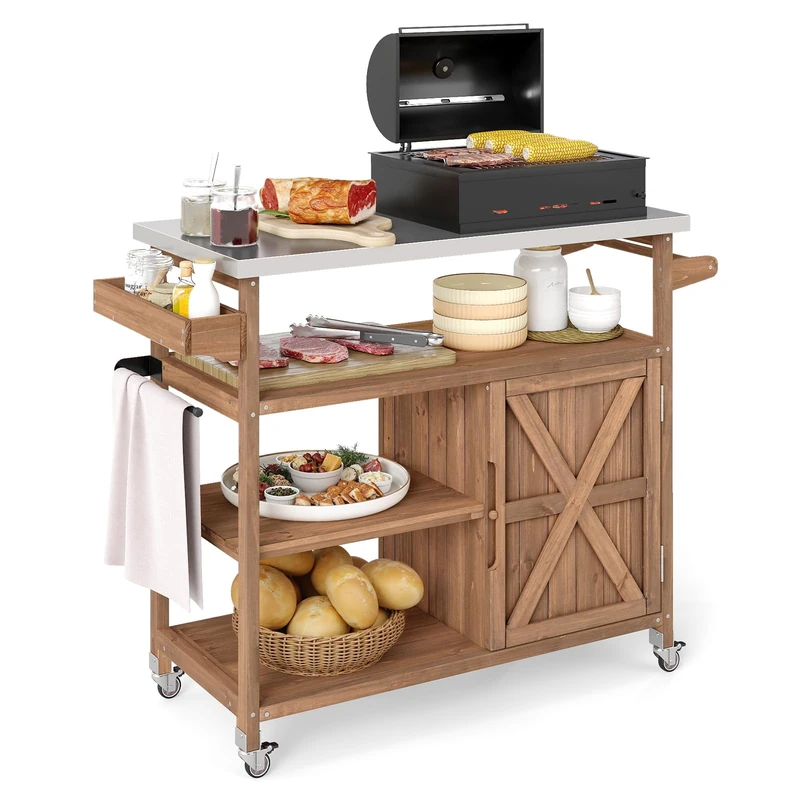 FANTASK Outdoor Barbecue Trolley, Serving Trolley with Stainless Steel Plate, Shelves, Cupboard & Spice Rack on Wheels for BBQ, 130 x 47 x 92 cm (2 Doors-130 x 47 x 92 cm) - Image 1