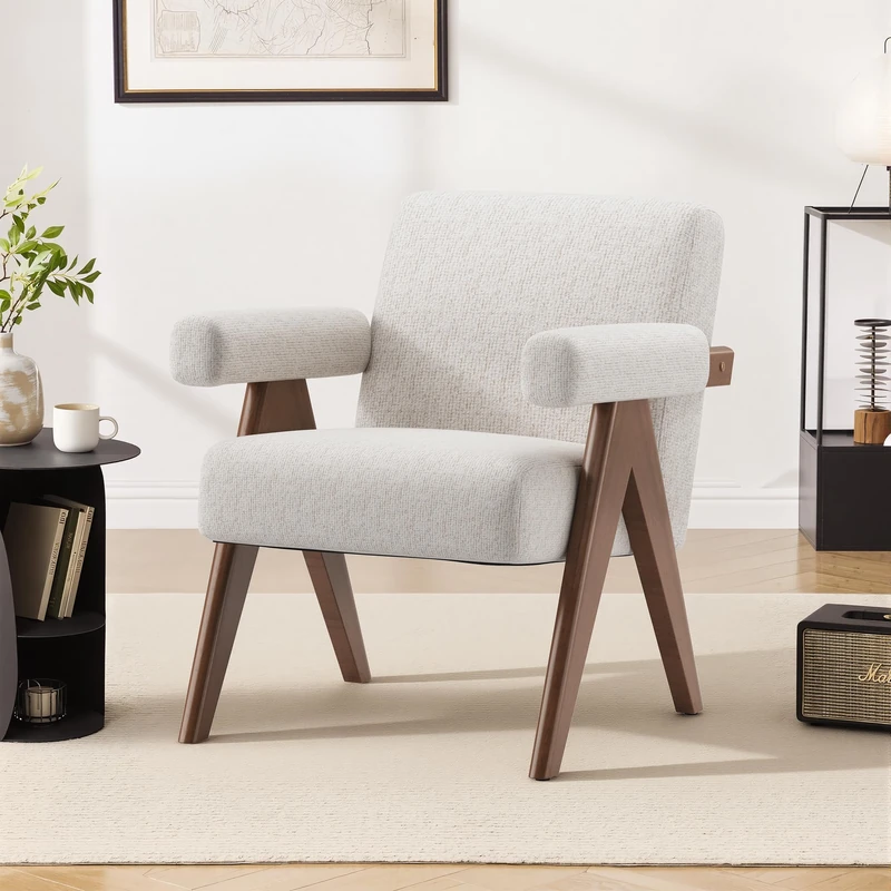 COLAMY Accent Chair Upholstered Armchair, Modern Lounge Chair with Solid Wood Frame, Thick Cushioned Seat, Breathable Fabric, Ergonomic Single Sofa Chair for Living Room, Bedroom, Reading Corner,Beige