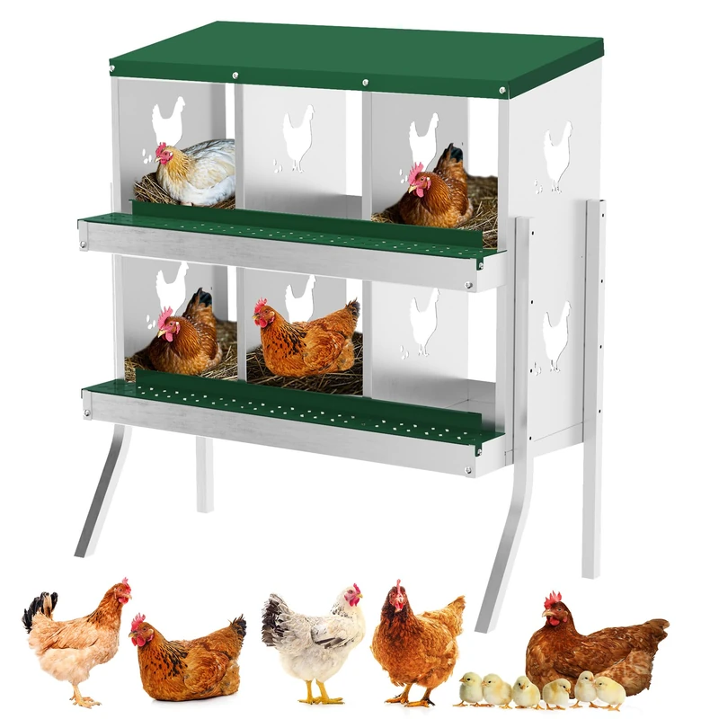Chicken Laying Nest with Feet, 6 Compartments, Sturdy Metal Laying Nest for Chickens with Ventilation Holes and Collection Tray, Chicken Nest Laying Box, Rolling Nest for Large Hens, Green