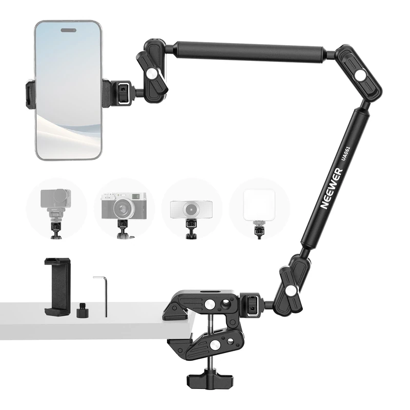 NEEWER BASICS Magic Arm Table Stand, 55 cm Microphone Arm Overhead Mobile Phone Holder Desk with 1/4" 3/8" Threads for ARRI, for DSLR Action Cam Webcam Mic LED Light for Video Reinforcement, UA061