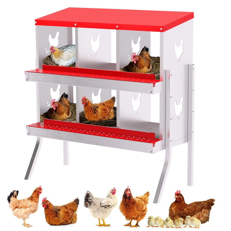 Chicken Laying Nest with Feet, 6 Compartments, Sturdy Metal Laying Nest for Chickens with Ventilation Holes and Collection Tray, Chicken Nest Laying Box, Rolling Nest for Large Hens, Red