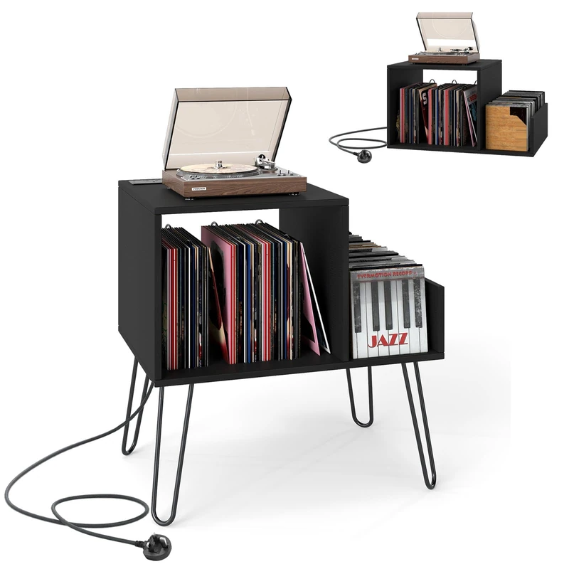 CASART Record Player Stand, Turntable Stand with Charging Station, Removable Dividers & Metal Legs, Vinyl Record Storage Cabinet Holds up to 145 Albums End Table for Living Room Bedroom (Black)