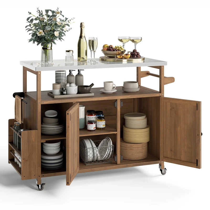 FANTASK Outdoor Barbecue Trolley, Serving Trolley with Stainless Steel Plate, Shelves, Cabinet & Spice Rack on Wheels for BBQ, 130 x 47 x 92 cm (1 Door 118 x 47 x 92 cm) - Image 1