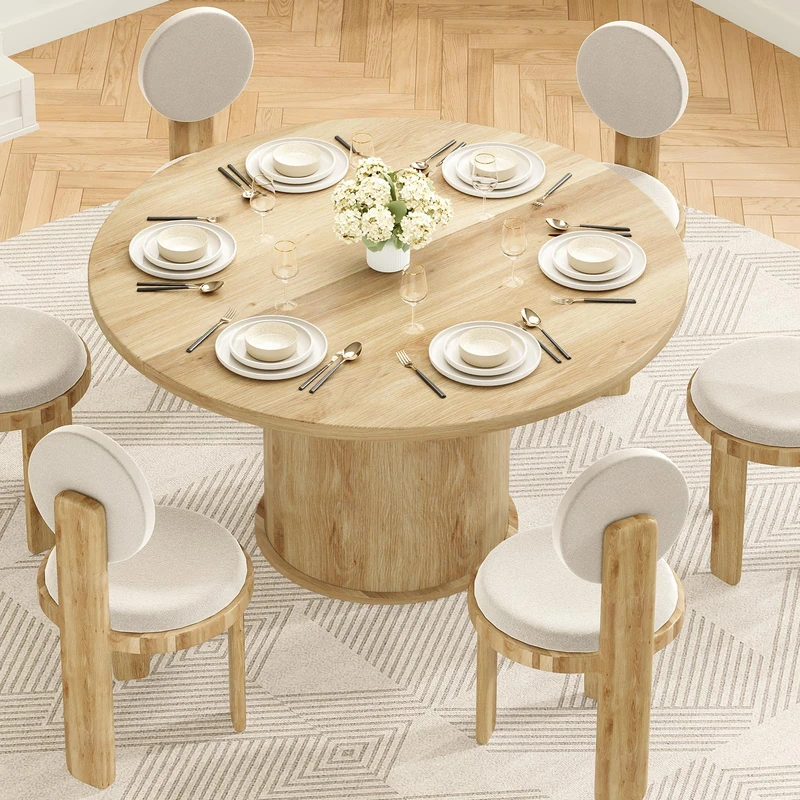 Farini Round Dining Table 110cm, Wooden Kitchen Table for 4-6 People, Modern Circle Pedestal Table with 3cm Thick Waterproof & Scratch-Resistant Top for Living Room, Natural