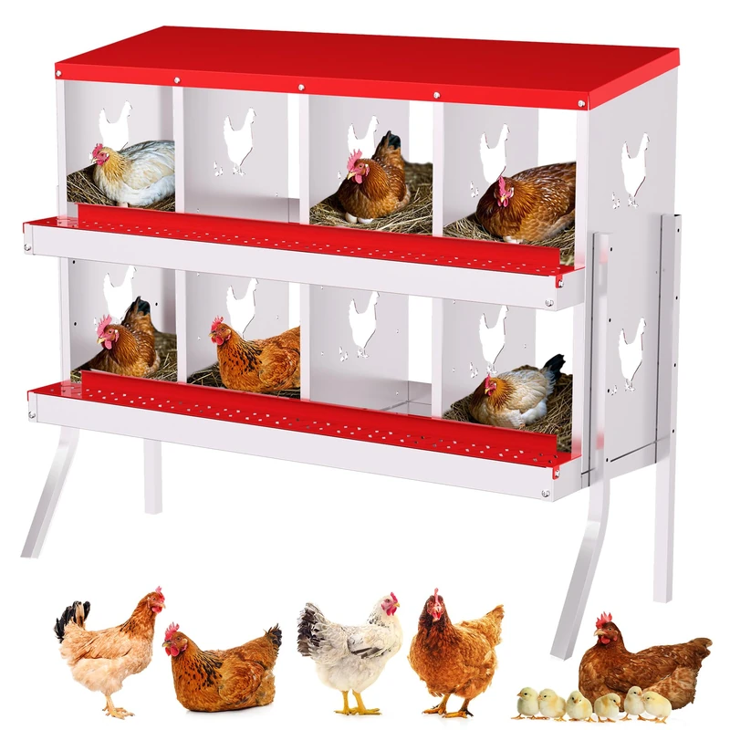 Chicken Laying Nest with Feet 8 Compartments - Sturdy Metal Laying Nest for Chickens with Ventilation Holes & Collection Tray - Chicken Nest Laying Box Rolling Nest for Large Hens Red