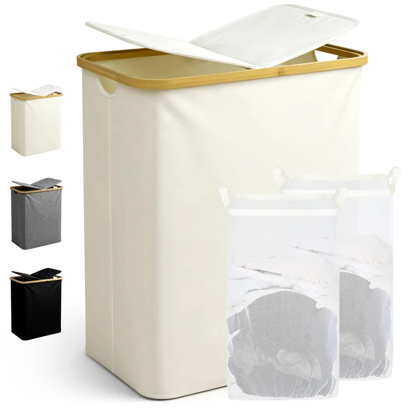 Ribelli Laundry Basket, 130 Litres, Foldable Laundry Hamper, 2 Compartments with Lid and Removable Laundry Bag, Large Laundry Bin for Laundry Room, Bathroom, Bedroom, Cream