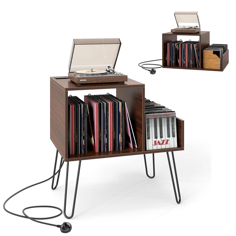 CASART Record Player Stand, Turntable Stand with Charging Station, Removable Dividers & Metal Legs, Vinyl Record Storage Cabinet Holds up to 145 Albums End Table for Living Room Bedroom (Walnut)